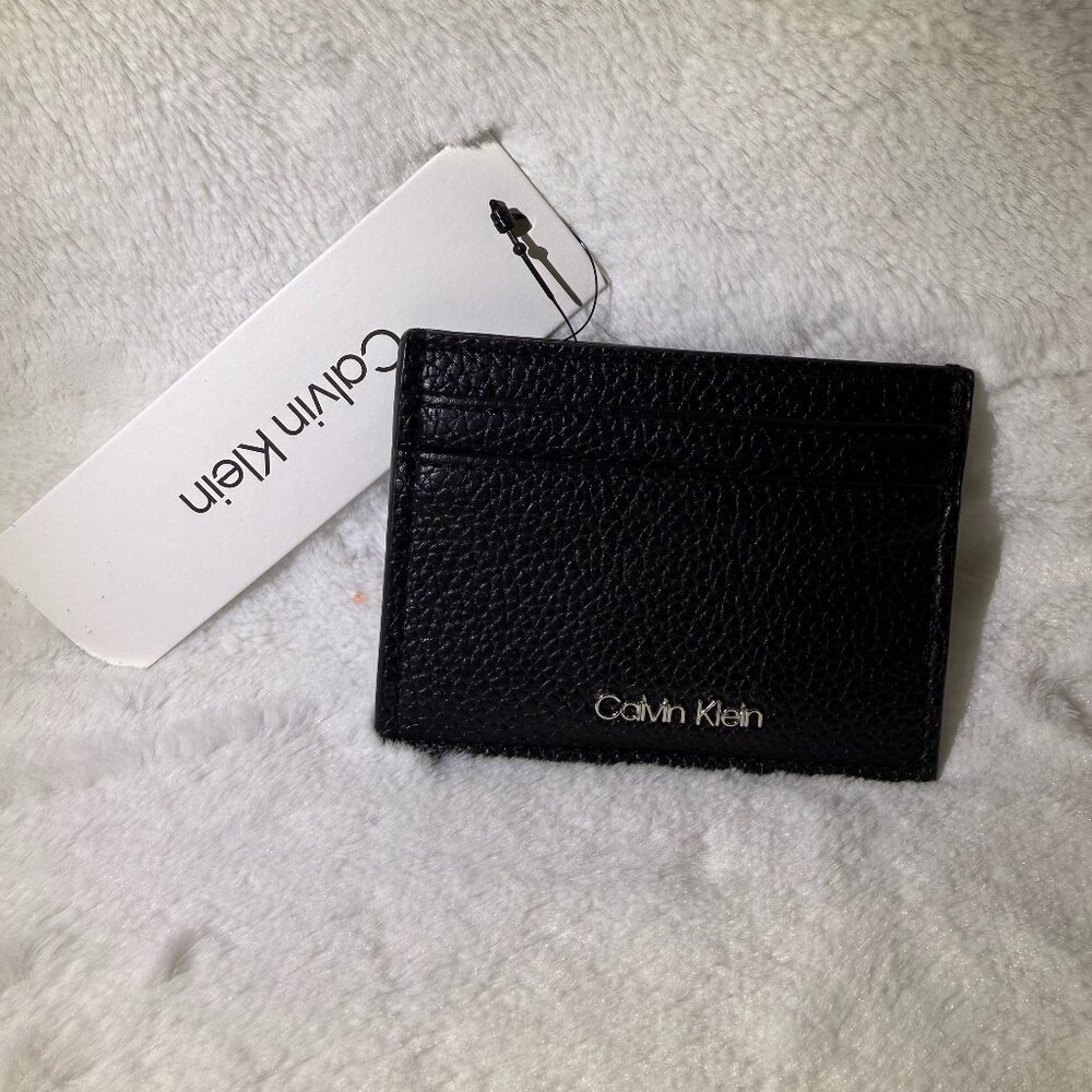 Calvin Klein Black Pebbled Leather Card Holder Slim Wallet Credit Card Case NWT